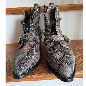 AllSaints Katy Snakeskin Leather Buckle Boots Brown Black Pointed Toe Size‎ 40 thumbnail 4
