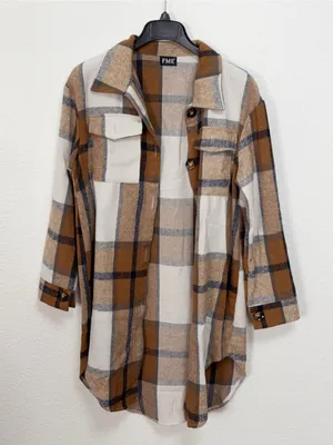 FME Camel Brown Plaid Longline Button Front High Low Shacket Jacket Size M thumbnail 4
