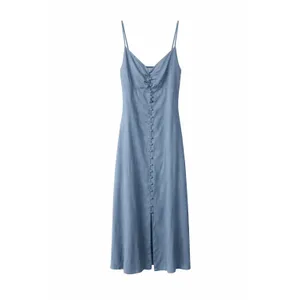 Grade & Gather Button Down Spaghetti Strap Midi Dress in Smoky Blue, S thumbnail 2