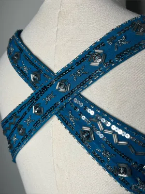 Vintage Blue Beaded Waist Criss Cross Back Mini Cocktail Dress Party Fairycore thumbnail 8