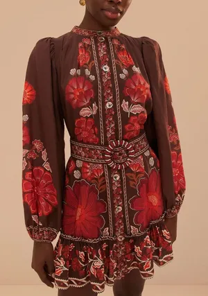 NWT Farm Rio Gigi Tapestry Belted Mini Dress Floral Brown and Red thumbnail 1