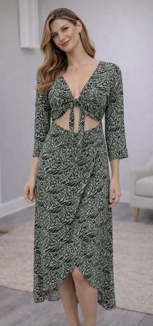 Express Olive Green‎ Leaf Print Cutout Tie Front Maxi Dress Womens Medium thumbnail 1