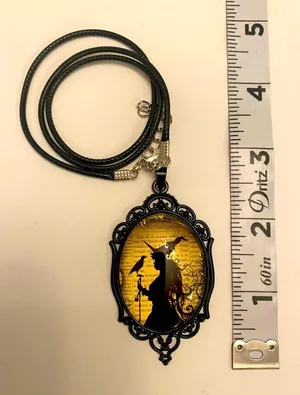 Witch And Raven Cameo Black Pendant, Vintage Style Gothic Crow Glass‎ Pendant thumbnail 1