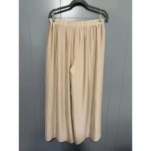 Express Beige Pleated High Rise Wide Leg Crop Pull On Elegant Chic Pants M thumbnail 4