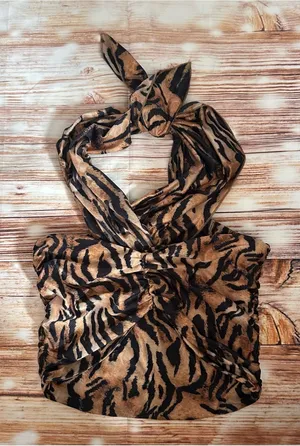 Bingo Brown Tiger Black Stripe Print Cropped Halter Top OS thumbnail 1