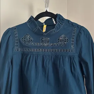 Free People Another Eternity Navy Blouse w Embroidered Crochet Details Size XS thumbnail 3