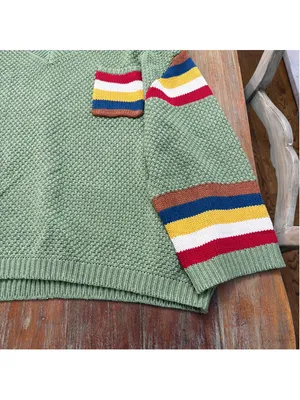 POL Sage Green Chunky Knit V-Neck Sweater Rainbow Stripe Sleeves Pocket M thumbnail 5
