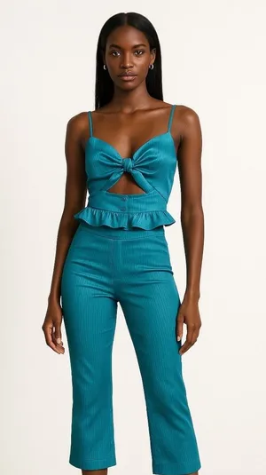 Honey Punch Blue Silky Satin Sleeveless Crop Top & Capri Pants 2 Piece Set XS thumbnail 1