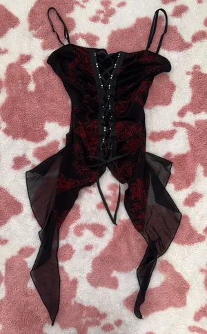 🔥 Y2K Gothic Fairy Corset Top – Black & Red Paisley Lace-Up Camisole w/ Sheer Flowy Panels (Size S) 🖤 thumbnail 1