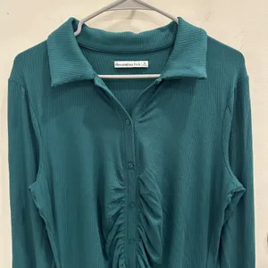 Abercrombie & Fitch Emerald Green Ribbed Ruched Long Sleeve Mini Shirt Dress XL thumbnail 3