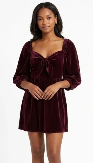 ASOS Velvet Tie-Front Puff Sleeve Mini Dress Plum Burgundy Size 12 thumbnail 1
