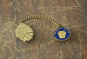 Gold Tone Native Chief Tie Tack with Blue Enamel Shield thumbnail 1