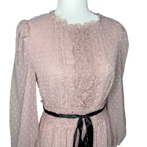 Prairie Dress Maxi S‎ Lace Swiss Dot Ribbon Cottage Romantic Sheer Bishop Sleeve thumbnail 3