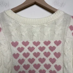 Threaded Leaf Women Patchwork Sweater M Cream Pink Heart Cable Knit‎ Coquette thumbnail 4