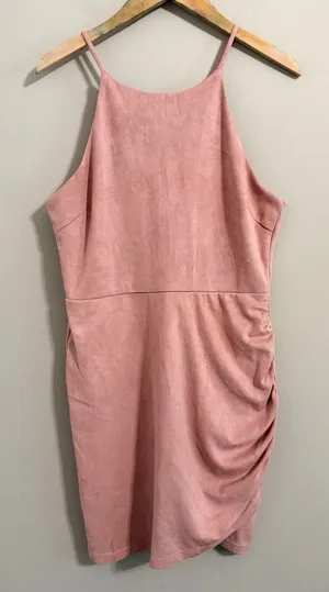 Hyfve Mini Dress Womens Large Pink Faux Suede Ruched Halter Tulip Hem HF19H105DG thumbnail 1