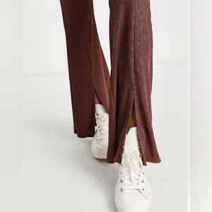 NWT ASOS New Look ribbed split front flare pants in brown thumbnail 2