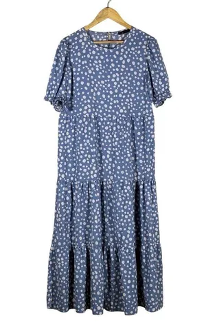 Pretty Garden Tiered Polka Dot Maxi Dress Blue Boho Puff Sleeve Cottagecore Sz M thumbnail 1