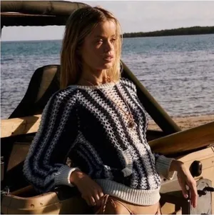 Free People Dayton Beach Navy White Striped Open Knit Crochet Sweater XS thumbnail 1