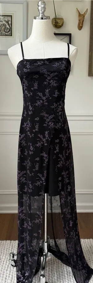 Vintage 90s Next Up Black Purple Glitter Flower Hi Lo Dress S thumbnail 1