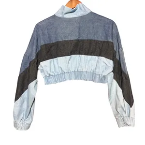 Unbranded Women NA Colorblock Denim Cropped Bomber Jacket Blue Black‎ Mock Neck thumbnail 6