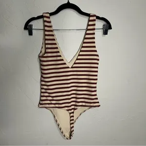 Babaton Aritzia Contour Striped Mauve Cream Double V-Neck‎ G String Bodysuit thumbnail 8