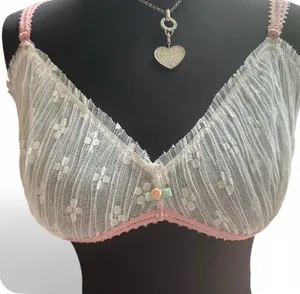Free People Ivory Lace Bralette with Pink Trim and Mint Rose Accent thumbnail 1