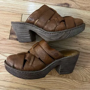 Born Pollina Platform Mules Clogs Brown Woven Leather Size 10 thumbnail 1