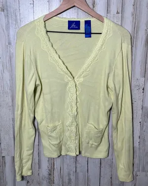 American Vintage Vintage Y2K J.H. Yellow Green Lace Ribbed‎ Button Cardigan Sweater Womens Large thumbnail 1