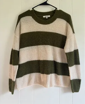 Madewell Womens XS Alpaca Blend Striped Crewneck Sweater Green Cream thumbnail 1