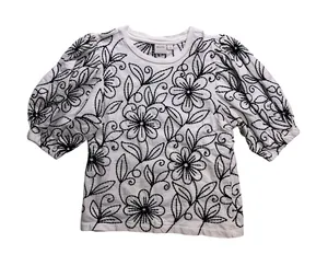 Maeve Puff-Sleeve Embroidered Pullover Top Women Size S White Black Crewneck thumbnail 1