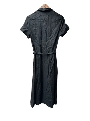 Quince 100% European Linen Button Front Short Sleeve Tie Midi Dress Black Small thumbnail 4