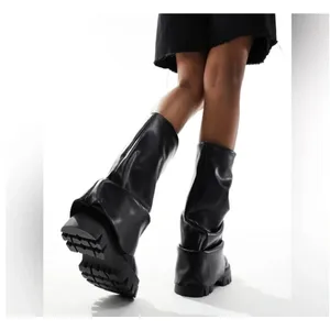 Azalea Wang Mate Boots Womens 11 Black Ruched Mid Calf Lug Sole Moto Y2K Gothic thumbnail 3