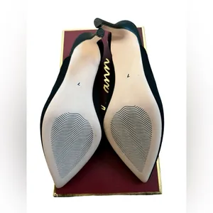 Melyann Jinji New Black Stiletto Leather and Fabric Slingback Heels Size 7 thumbnail 6