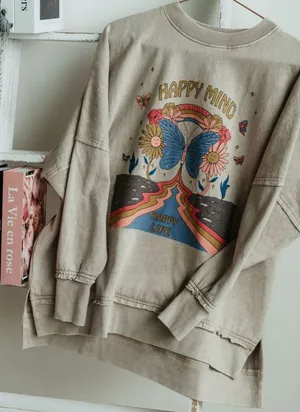 Simply Southern Happy Mind Distressed Pullover Long Sleeve Sweater thumbnail 1