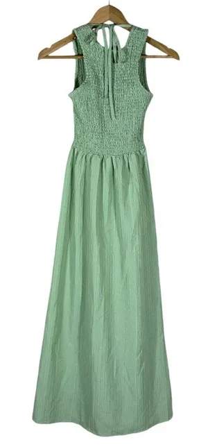 ASOS DESIGN Smocked Halter Seersucker Maxi Dress Sage Green Boho Summer Size XS thumbnail 1