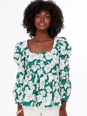 Tuckernuck Hyacinth House Green Floral Clemons Cotton Peplum Top Sz M 💛🎀 thumbnail 3