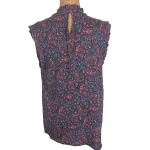 LOFT Multicolor Paisley Sleeveless Ruffle Neck Blouse Mixed Media Size Medium thumbnail 3