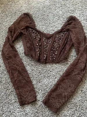 Victoria's Secret Brown Lace Long-Sleeve Corset Crop Top with Studs thumbnail 2