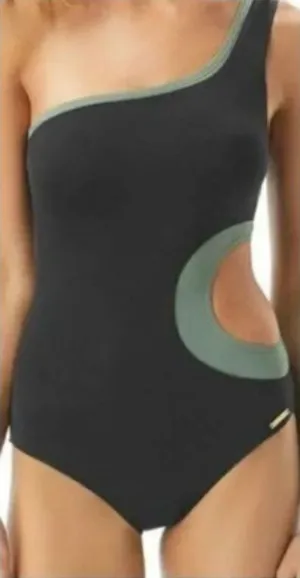 Vince Camuto Swim Womens Black Sage Green Colorblock Cut Out One Piece Size 4 thumbnail 1