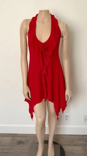 [White Fox] Red Y2K Ruffle Halter Neck Asymmetrical Hem Mini Dress Size Large L thumbnail 2