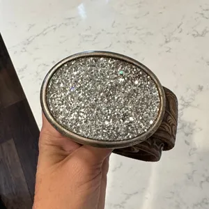 Vintage Y2K glittery silver oval buckle brown leather tooled belt size XL thumbnail 7