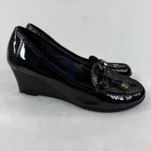 Lauren Ralph Lauren Black Patent Leather Wedge Loafers with Gold Accents 8 READ‎ thumbnail 5