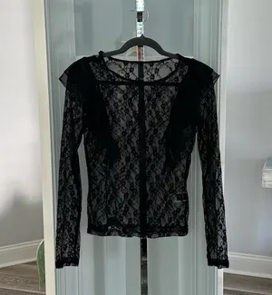 NWT SHEIN Sz S Sheer Black Lace Top w Ruffle Accents Cute! thumbnail 7