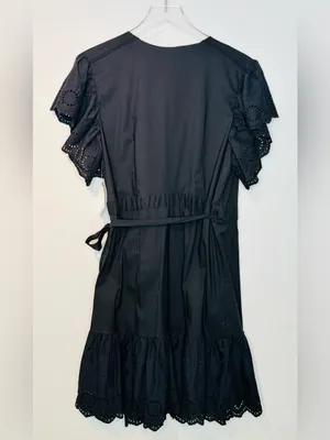 Maette Black Eyelet Cotton Poplin Wrap Mini Dress NWT thumbnail 4