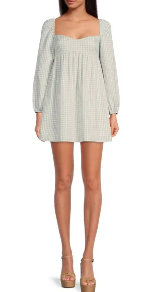 Gianni Bini NWT Kennedy Green Gingham Long Sleeve Sweetheart Neck Babydoll Dress thumbnail 1