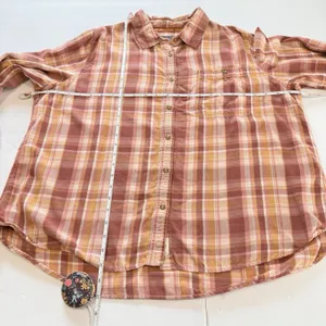 LL Bean Rangely Flannel Shirt XL Red Pink Orange Plaid Cotton Tencel Button Up thumbnail 6