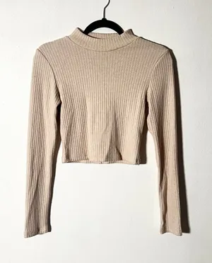OGL Crop Top Women's Medium Beige Ribbed Mock Neck Long Sleeve thumbnail 1