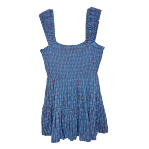 Free People Sweet Annie Mini Dress Blue Print Smocked Tiered Square Neck Womens thumbnail 3
