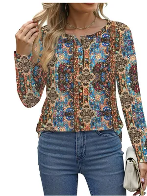 Boutique Women's Boho Paisley Long-Sleeve Blouse - Multicolor thumbnail 3