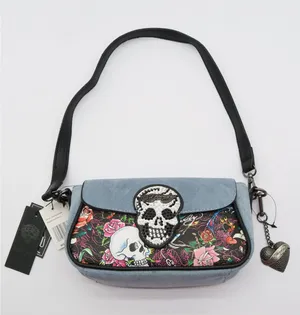 Ed Hardy Blue Suede Skull Floral Tattoo Crossbody Bag NEW thumbnail 1